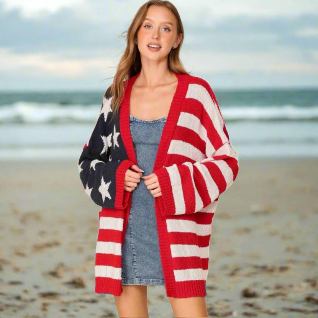 American Flag Print Knit Cardigan