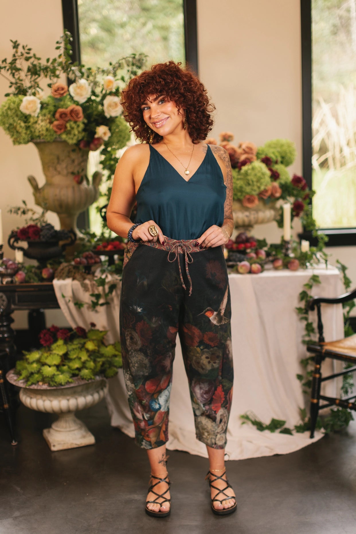 Flight of Fancy Linen Cropped Artist Pants With Hummingbird