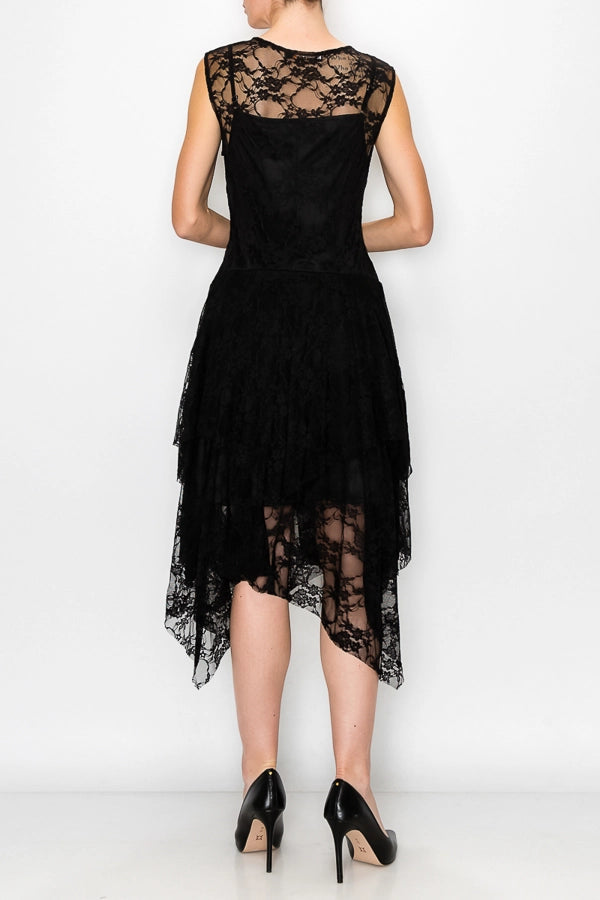 Little Black Dress Whimsical Sleeveless Lace Midi Dress with Unattached Slip - Ships Late September