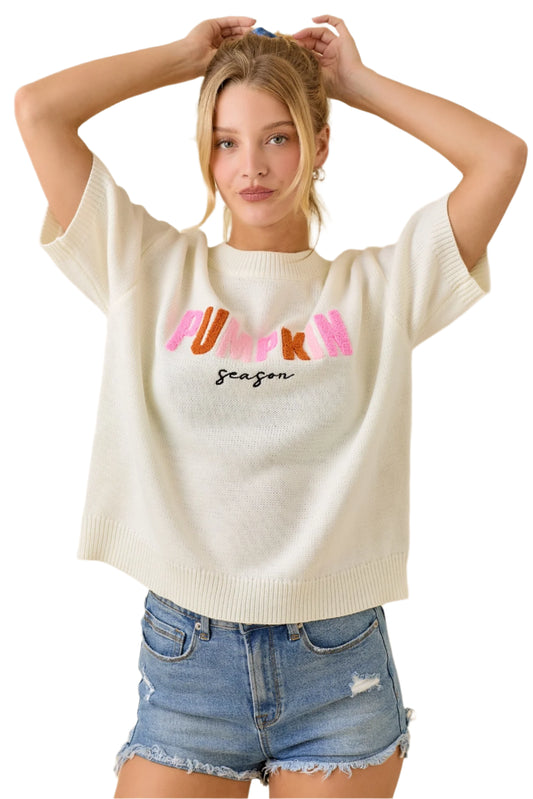 Pumpkin Season Embroidered Short Sleeve Boxy Sweater Top - Pre Order - Ships September