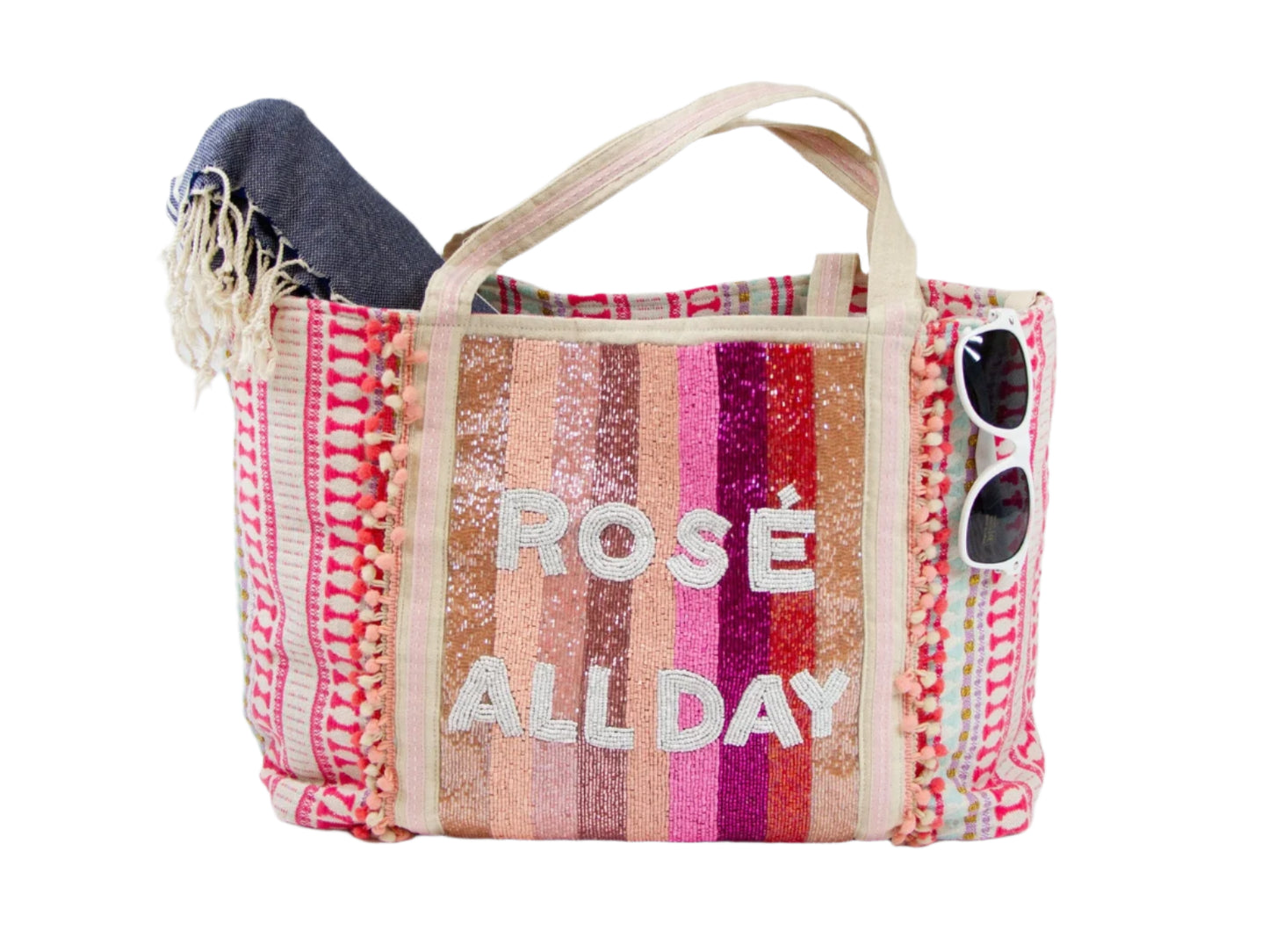 Rosé All Day Canvas Beaded Tote (Only 3 left!!!!!)