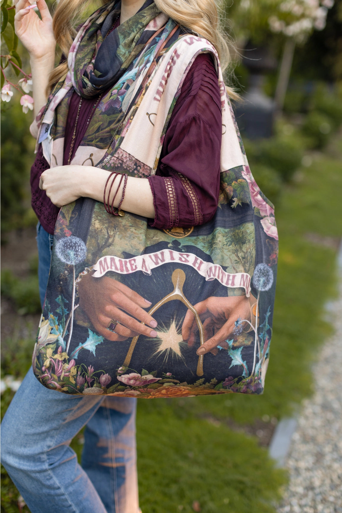 Market Of Stars Make A Wish Floral Boho Linen Tote Bag With Wishbone & Dandelion