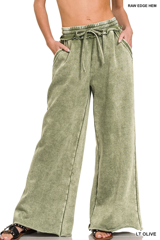 Acid Mineral Washed Fleece Palazzo Pants with Pockets