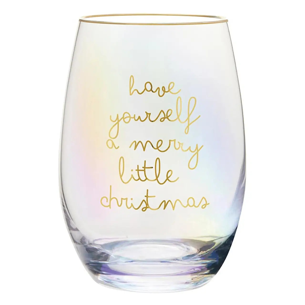Iridescent stemless wine glass with gold rim and Have Yourself a Merry Little Christmas gold script lettering on white background – Bliss by Cori
