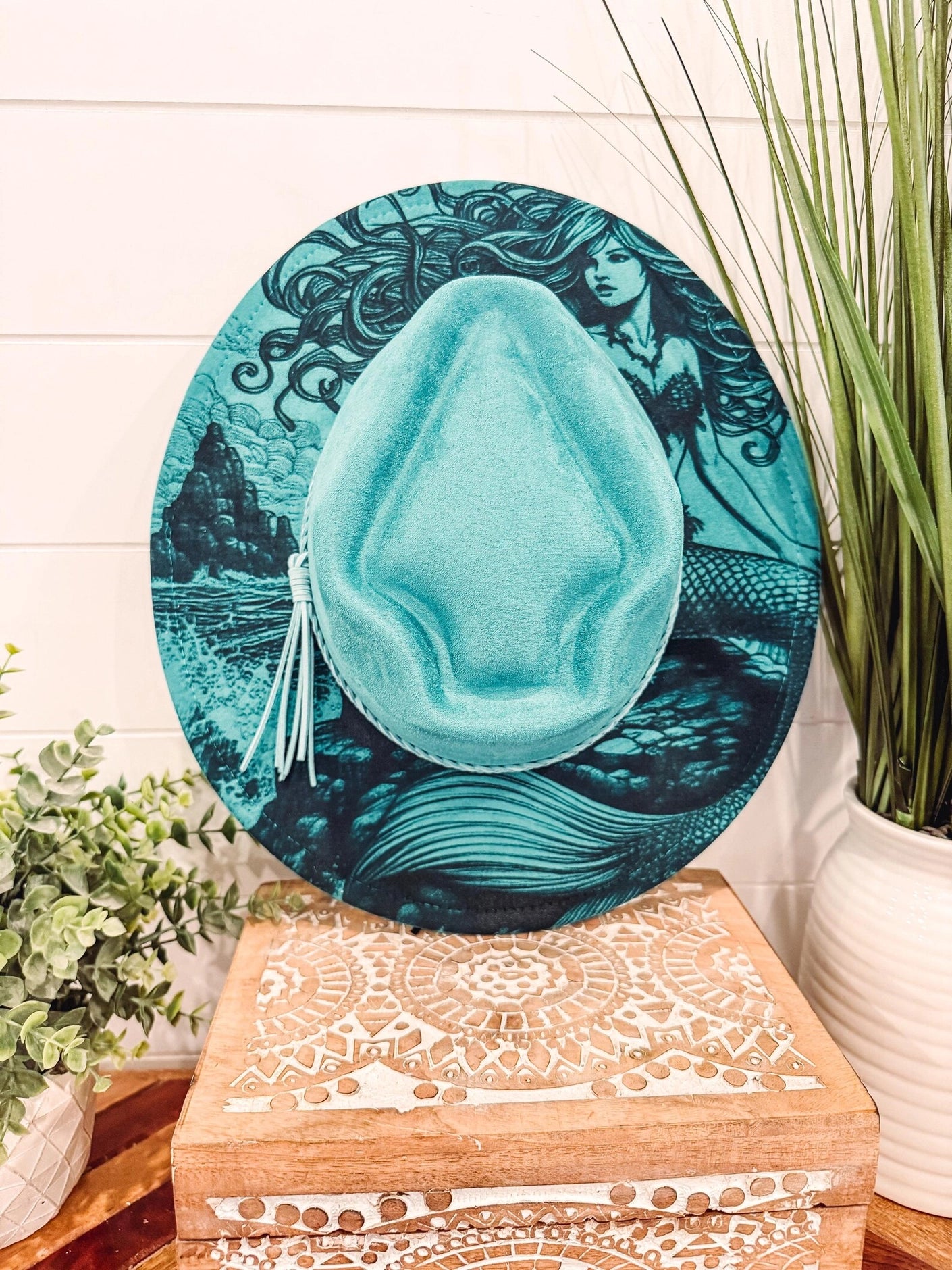 Mermaid Engrave Hat, Floral Engraved Cowboy Hat, Burned Fedora, Engraved Suede Hat, Boho Hat, Vegan Suede Cowboy Hat, Women's Cowboy Hat