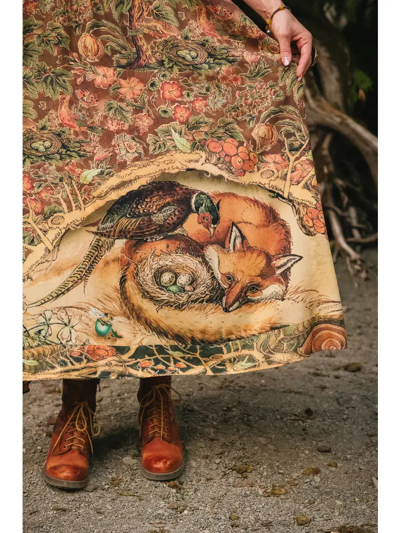 Woodland Wisdom Bohéme Maxi Slip Dress w/ Florals, Fox & Owl