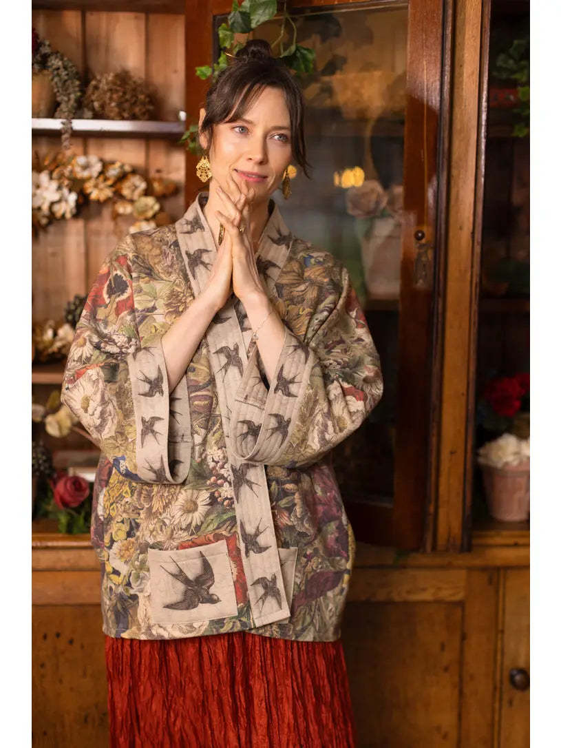 Front open view of Golden Hour Cottage Jacket showing swallow trim and sunflower print | Bliss by Cori