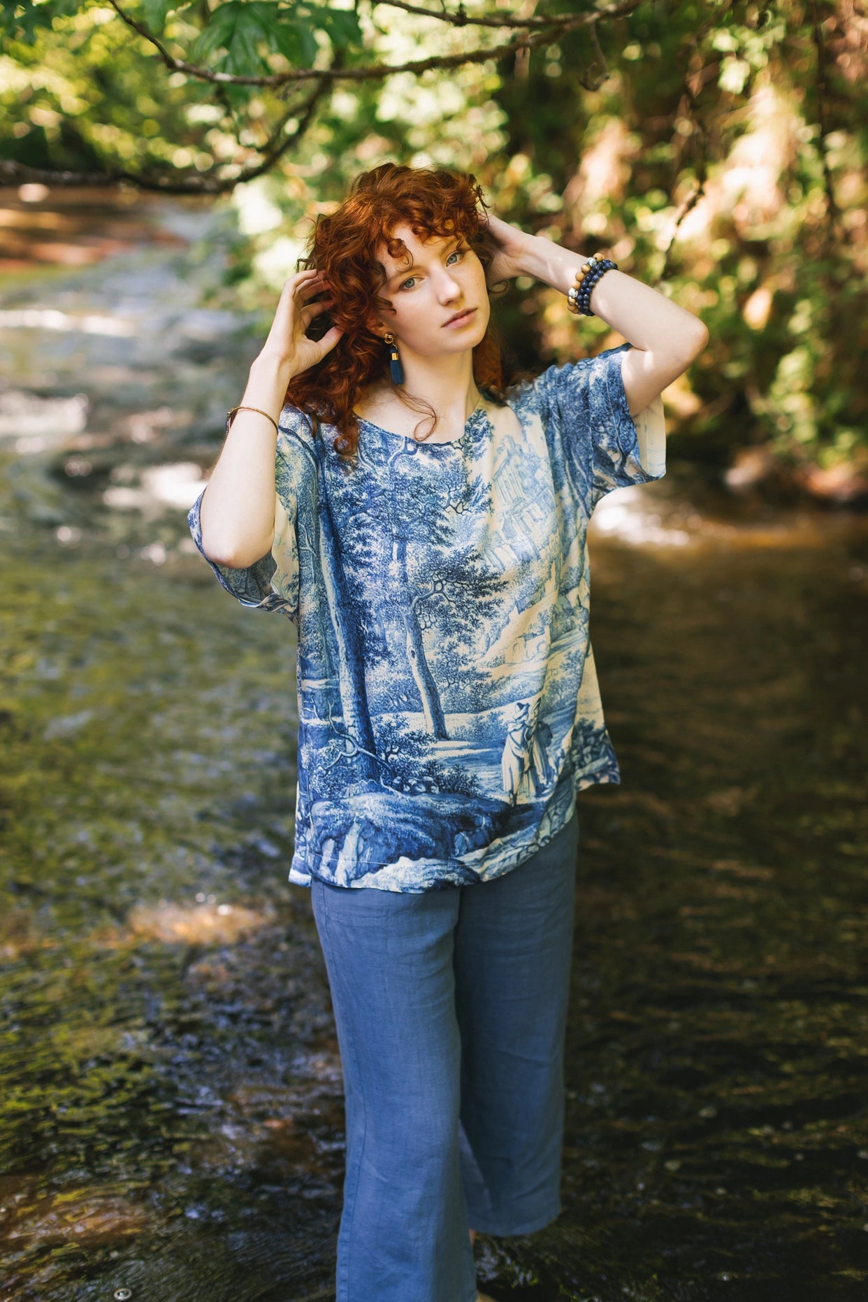 Let the Light in Luxe Tee Tunic Shirt With Blue Delft Toile