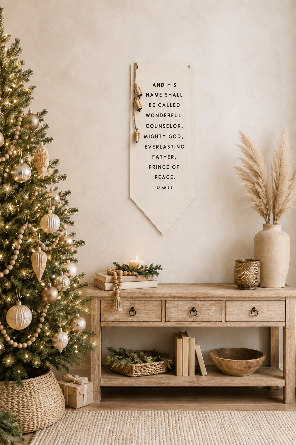 Isaiah 9:6 Canvas Wall Banner with Gold Bells – Holiday Home Decor