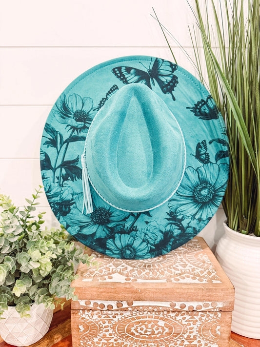 Poppy Butterfly Hat  Burned Cowboy Hat, Floral Engraved Cowboy Hat, Burned Fedora, Engraved Suede Hat, Boho Hat, Vegan Suede Cowboy Hat, Women's Cowboy Hat