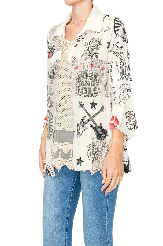 Rock And Roll Lightweight Sequin and Lace Detailed Button Up Blouse - Ships Late September