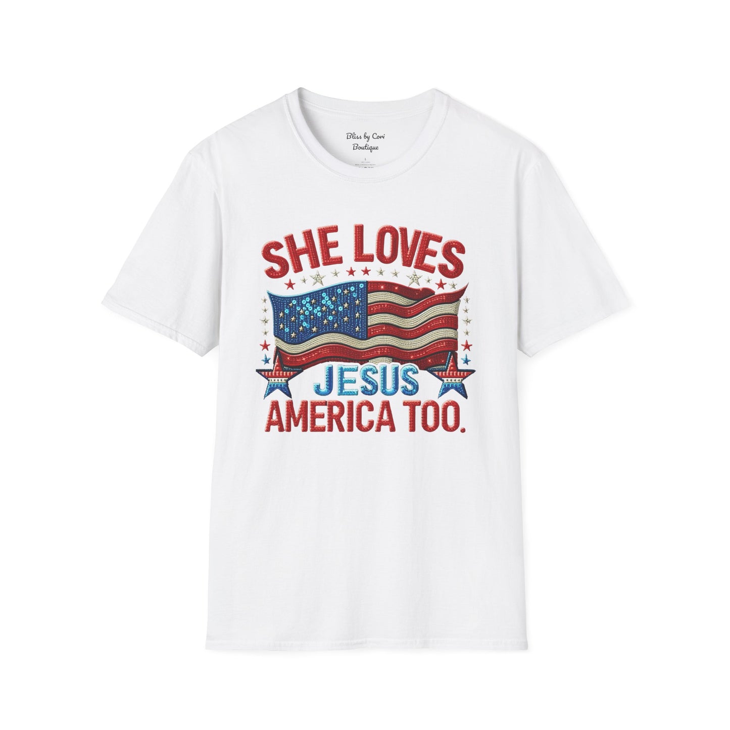 She Loves Jesus And America Too Faux Sequin Tee