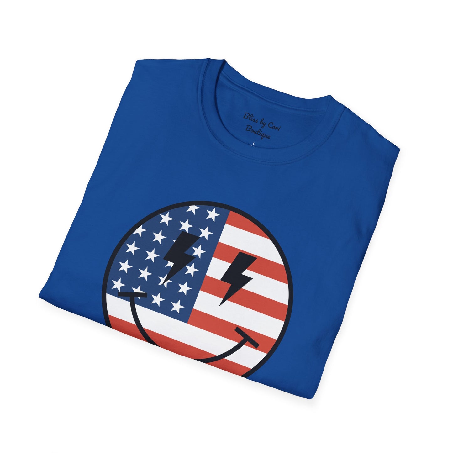 Red White & Blue Smiley Face 4th Of July Softstyle T-Shirt Available In 3 Colors