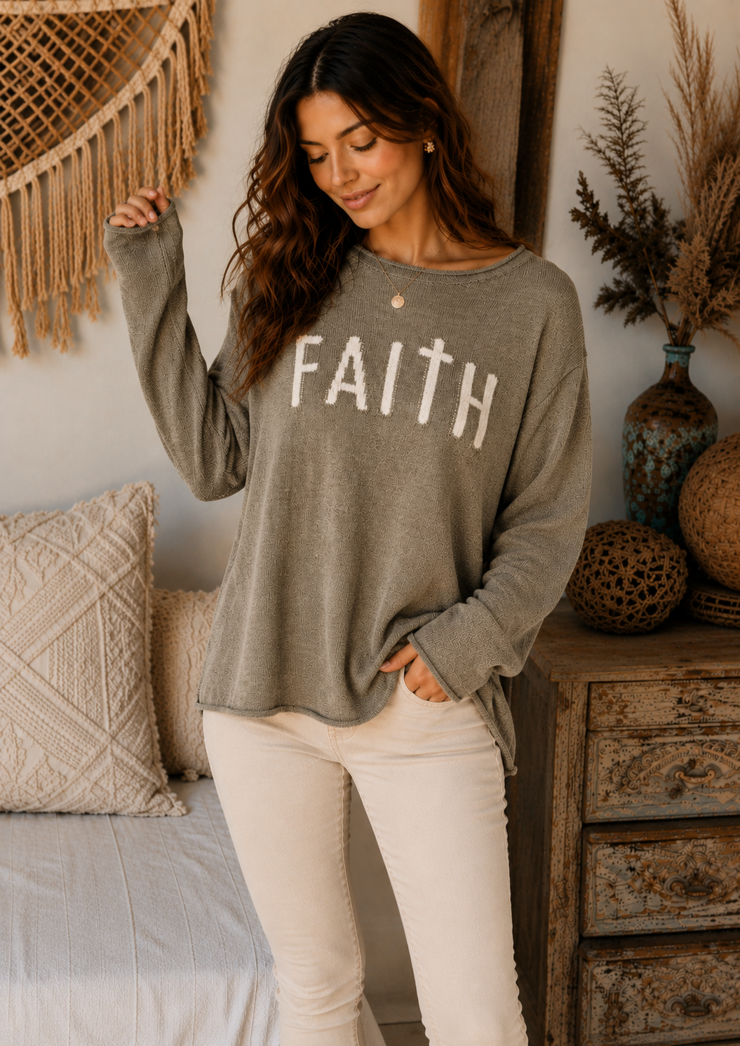 Round Neck Long Sleeve "Faith" Lightweight Sweater