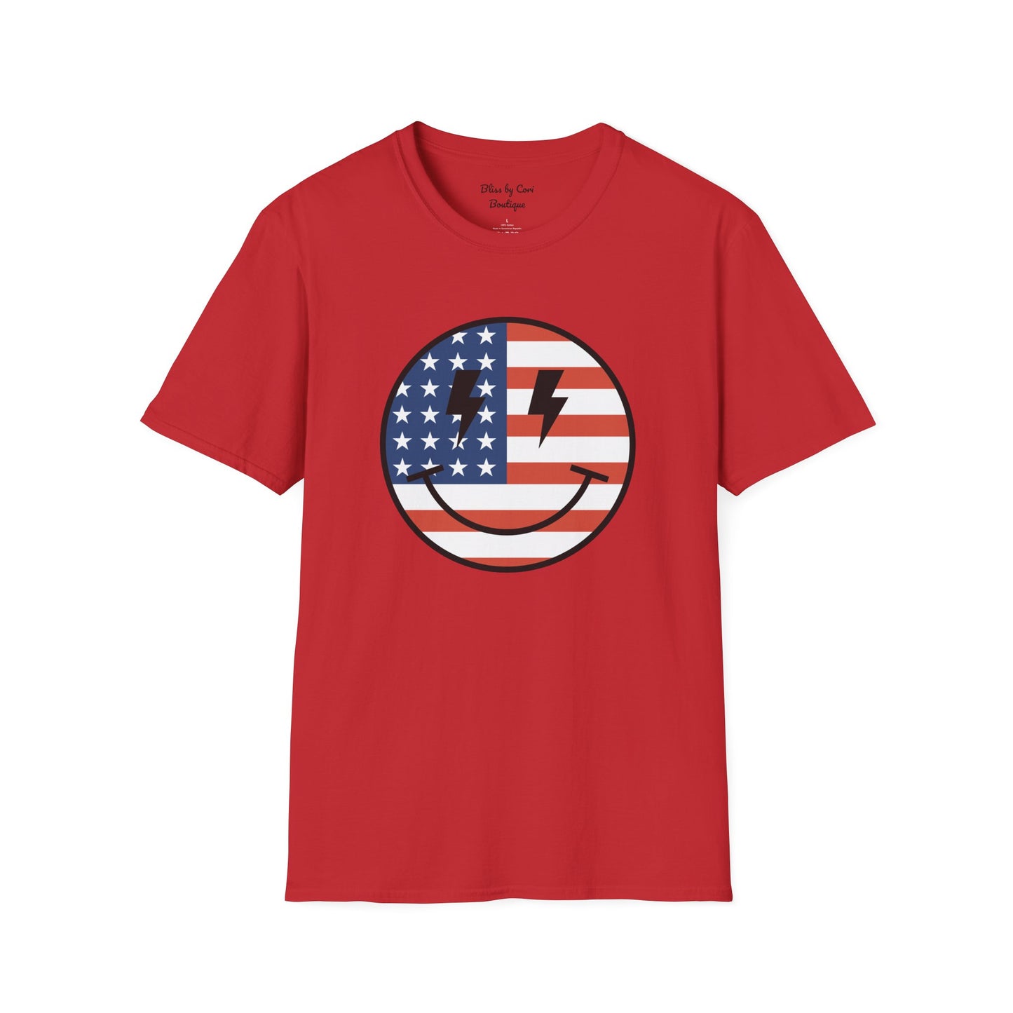 Red White & Blue Smiley Face 4th Of July Softstyle T-Shirt Available In 3 Colors