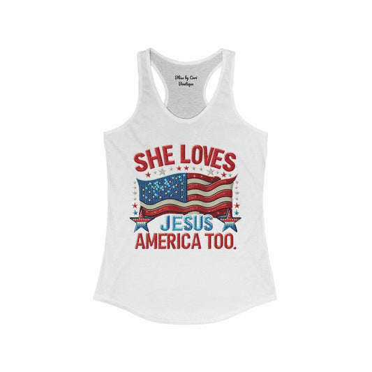 Faux Sequins 4th of July American Flag She Loves Jesus America Too Women's Ideal Racerback Tank