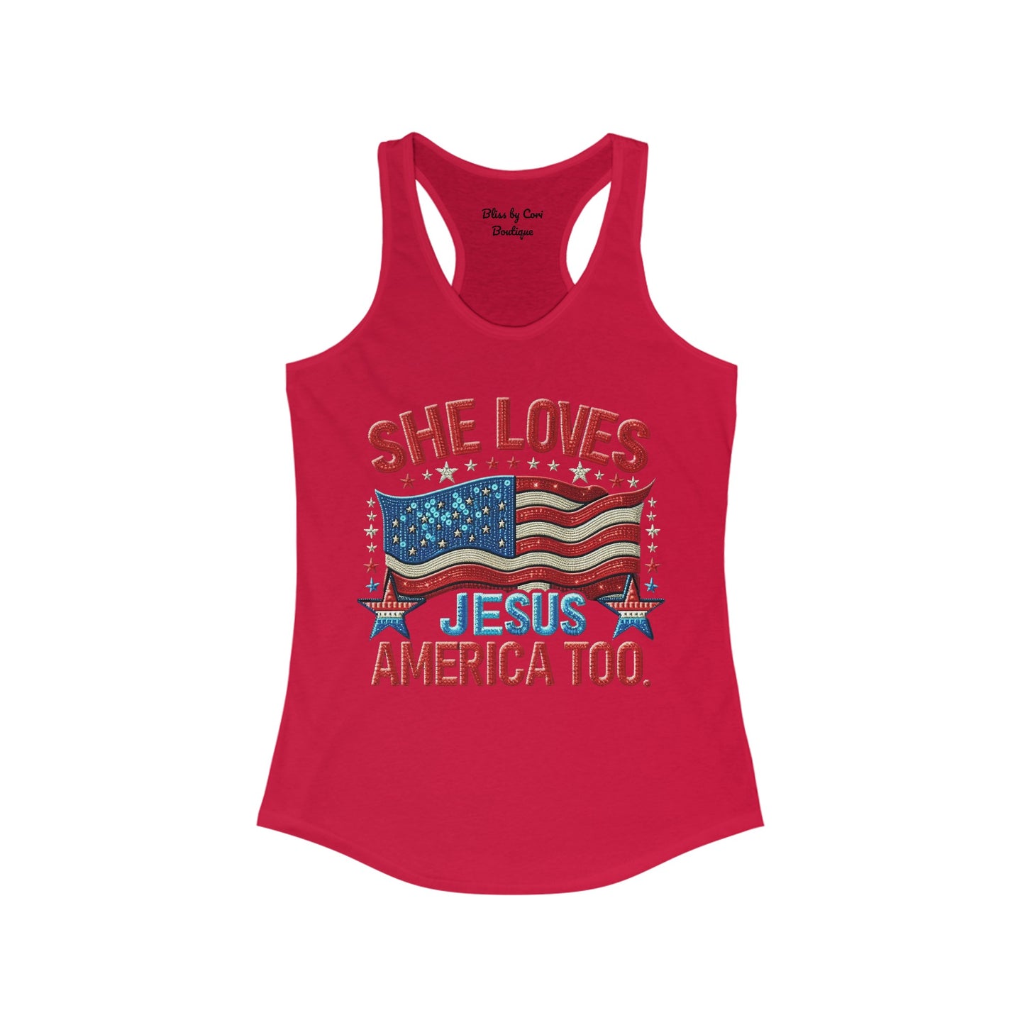 Faux Sequins 4th of July American Flag She Loves Jesus America Too Women's Ideal Racerback Tank