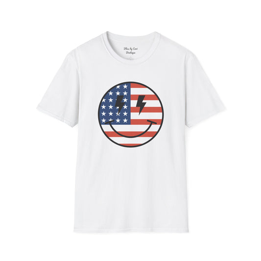 Red White & Blue Smiley Face 4th Of July Softstyle T-Shirt Available In 3 Colors