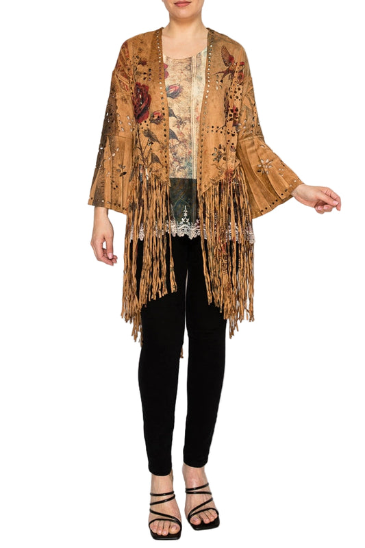 Vintage Bird Western-Inspired Laser-Cut Buttery Faux Suede with Fringe Trim - Ships Late September