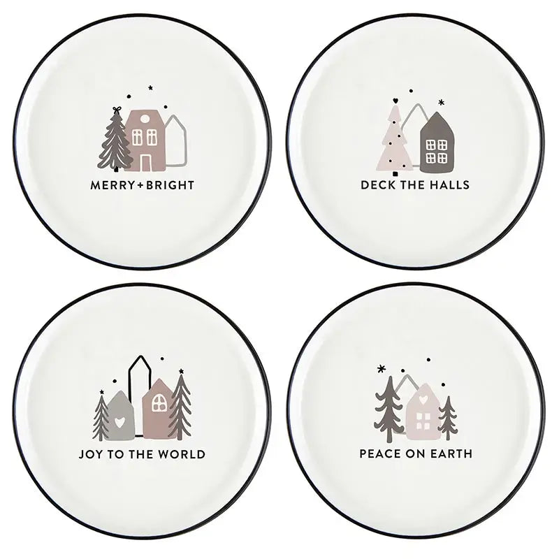 Set of 4 white ceramic holiday appetizer plates with black rims and Christmas Village designs reading Merry + Bright, Deck the Halls, Joy to the World and Peace on Earth – Bliss by Cori
