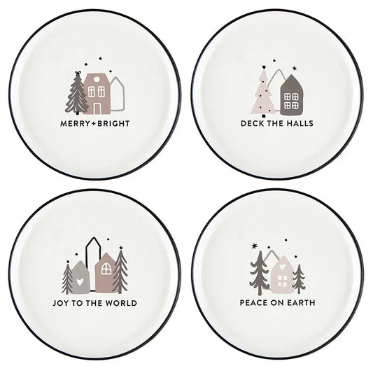 Set of 4 white ceramic holiday appetizer plates with black rims and Christmas Village designs reading Merry + Bright, Deck the Halls, Joy to the World and Peace on Earth – Bliss by Cori
