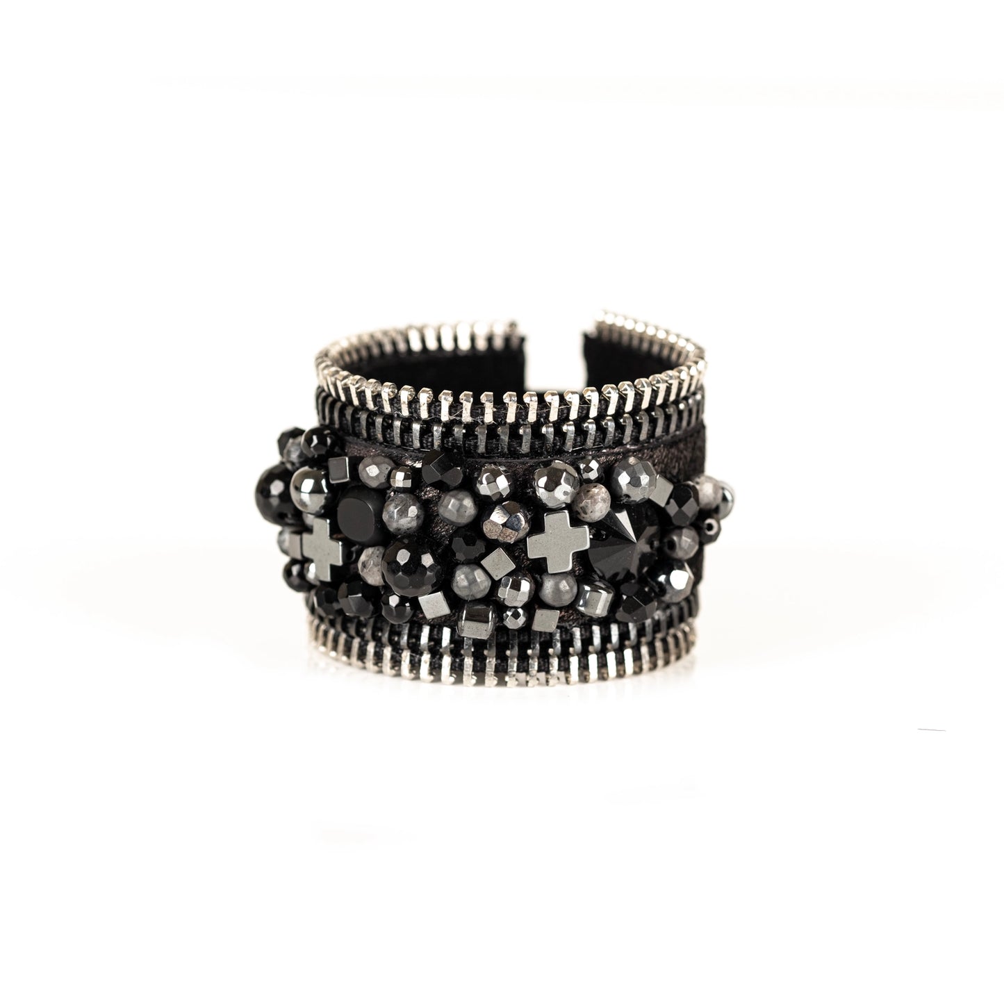 The Wide Double Zipper Leather Cuff With Beads Bracelet