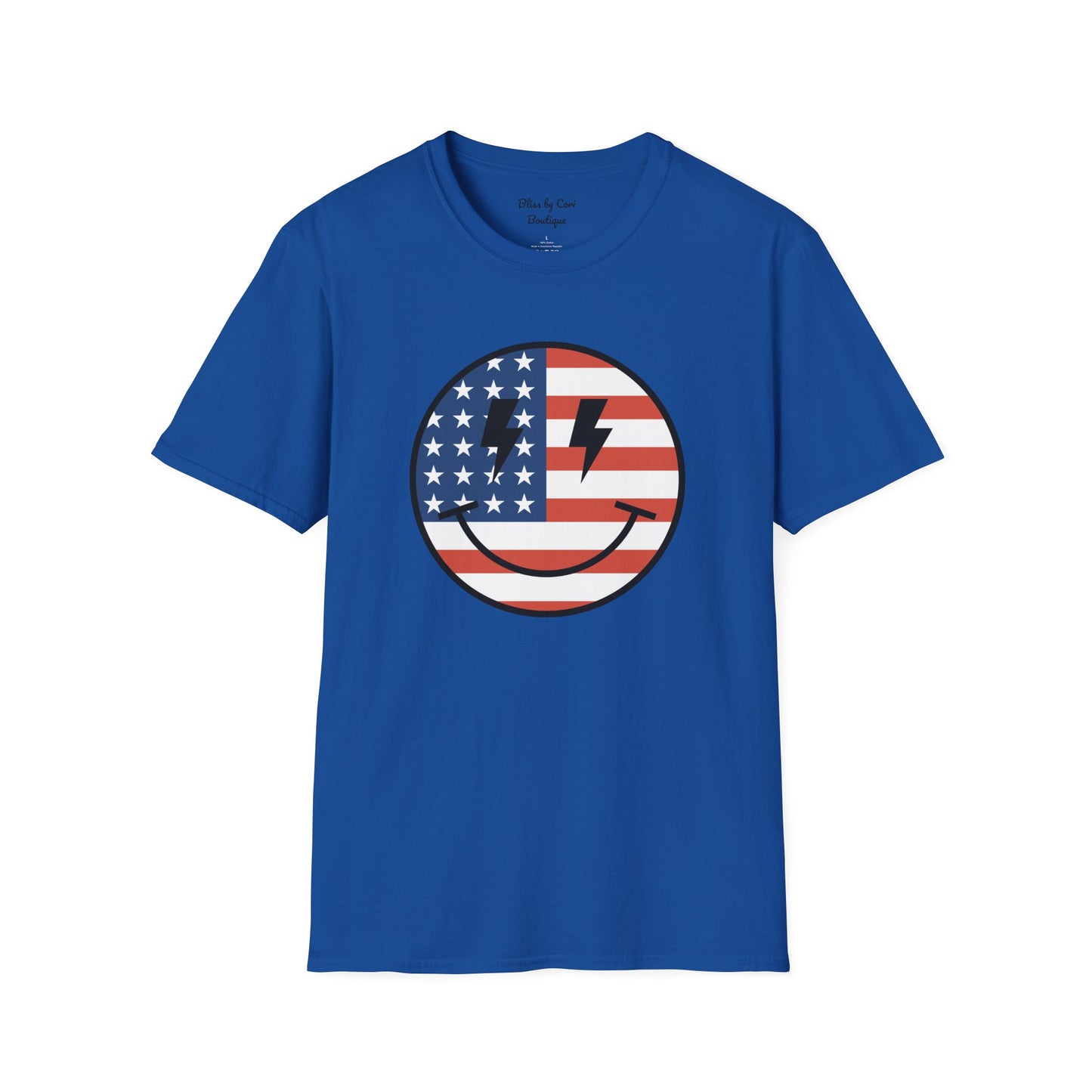 Red White & Blue Smiley Face 4th Of July Softstyle T-Shirt Available In 3 Colors