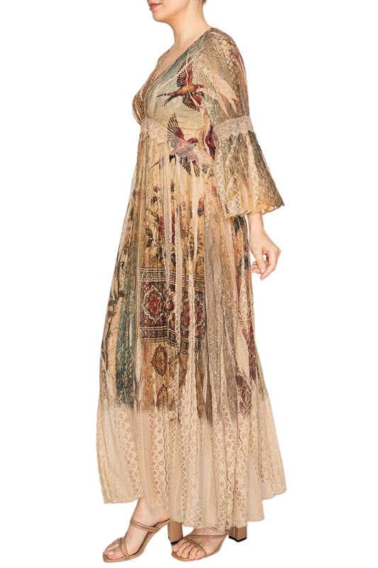 Vintage Bird Romantic Lace Bell-Sleeved A-Line Midi Dress - Ships Late September