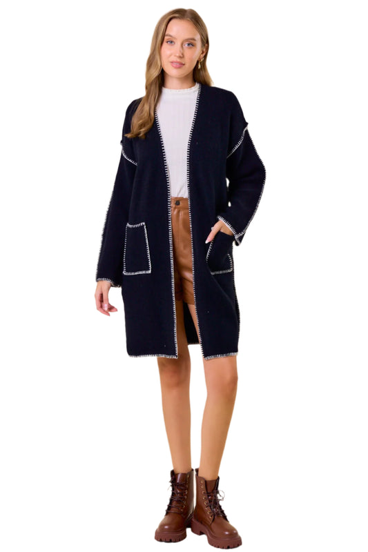 Blanket Stitched Long Sleeve Open Cardigan