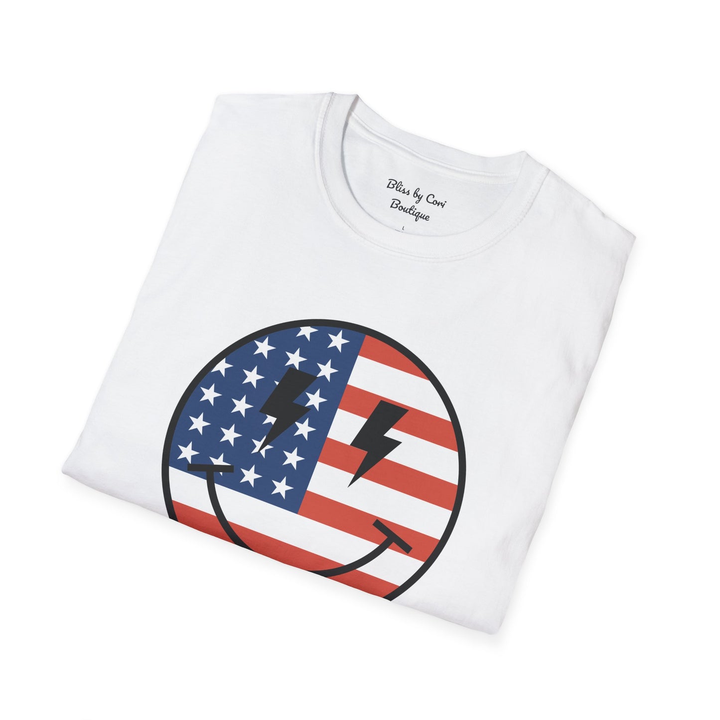 Red White & Blue Smiley Face 4th Of July Softstyle T-Shirt Available In 3 Colors