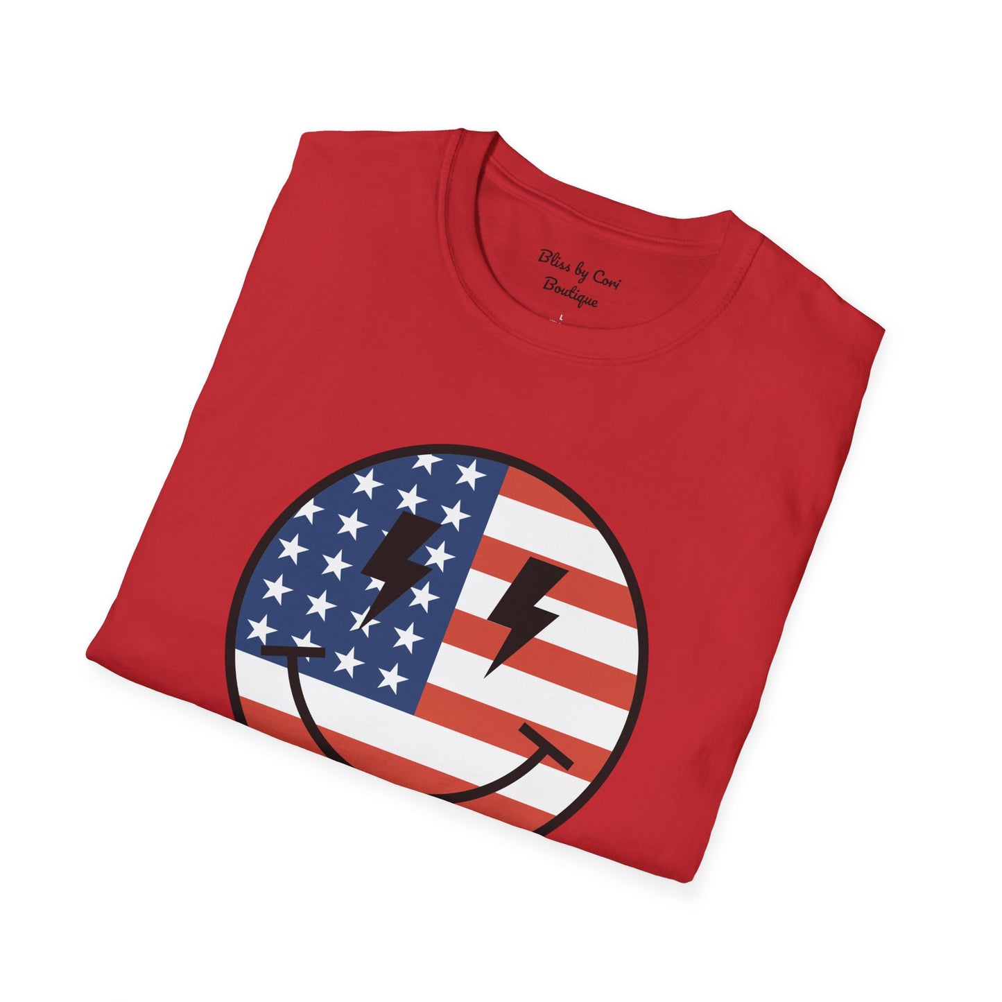 Red White & Blue Smiley Face 4th Of July Softstyle T-Shirt Available In 3 Colors