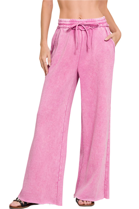 Acid Mineral Washed Fleece Palazzo Pants with Pockets
