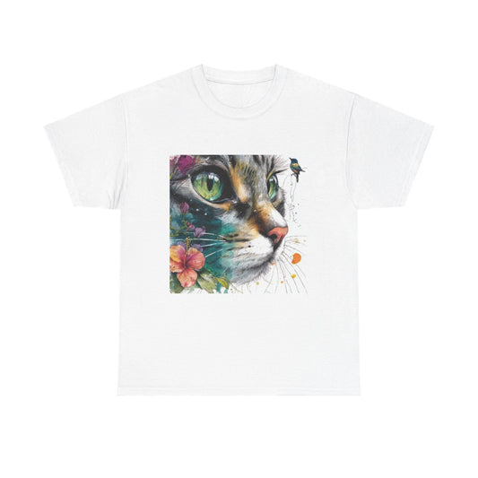 Watercolor Cat T-Shirt With Hummingbird