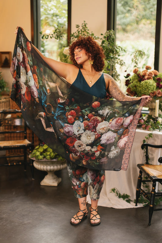 Flight of Fancy Floral Scarf with Hummingbirds Print Pre-Order Ships In September