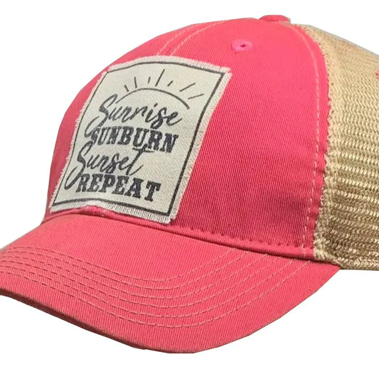 Sunrise, Sunburn, Sunset, Repeat Distressed Trucker Hat