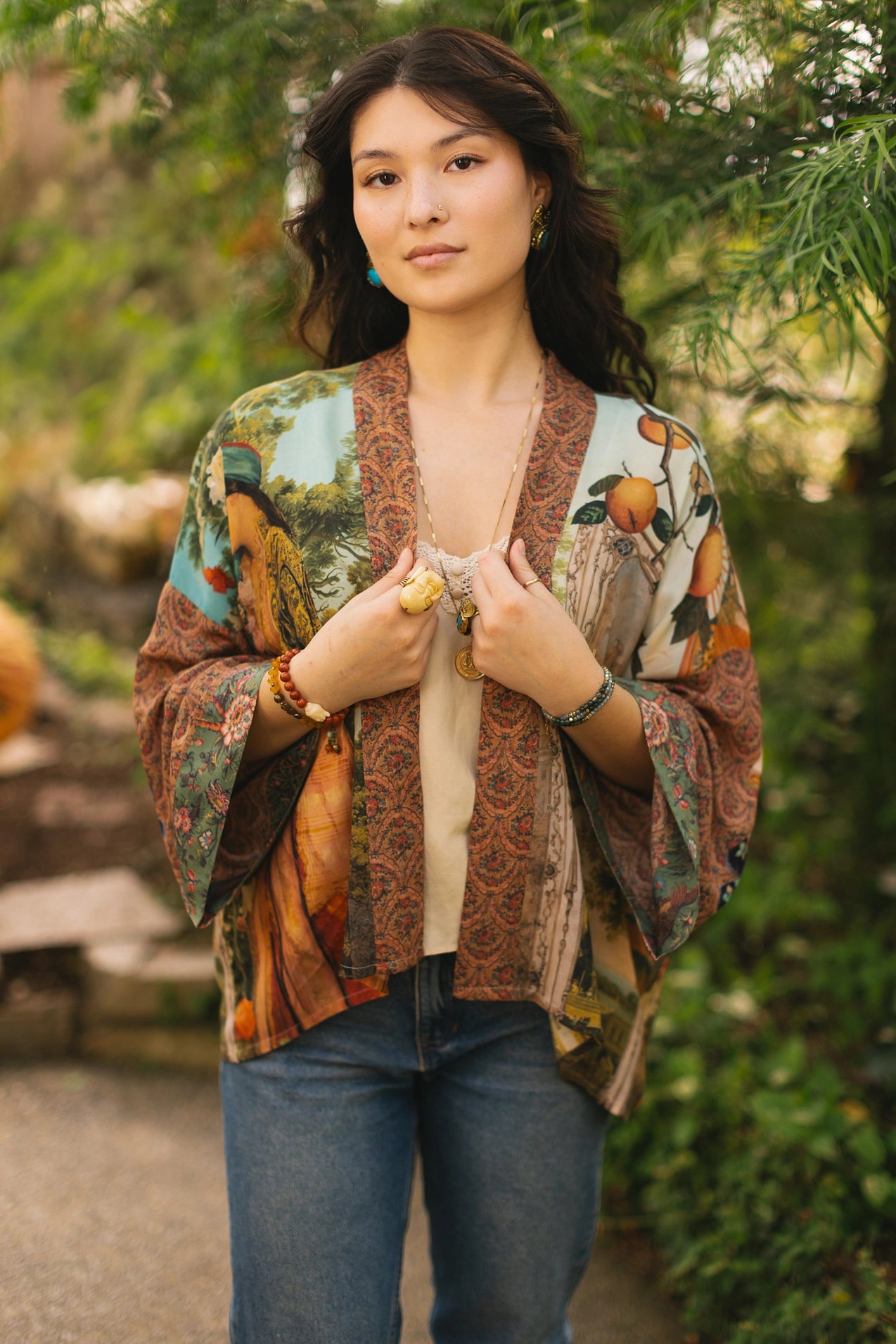 Market Of Stars Secret Garden Cropped Bamboo Kimono Cardigan with Swan