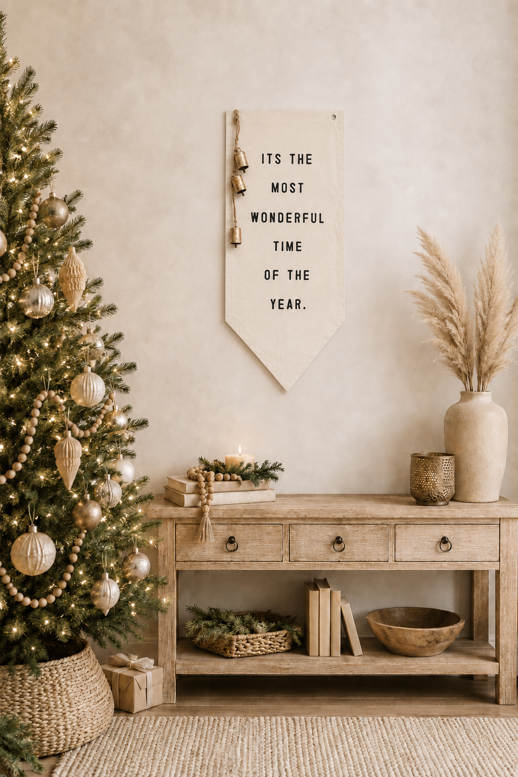 Neutral canvas wall banner reading Its the Most Wonderful Time of the Year with gold bells hanging on a warm beige wall above a rustic wood console table beside a boho Christmas tree with champagne ornaments and wood bead garland – Bliss by Cori
