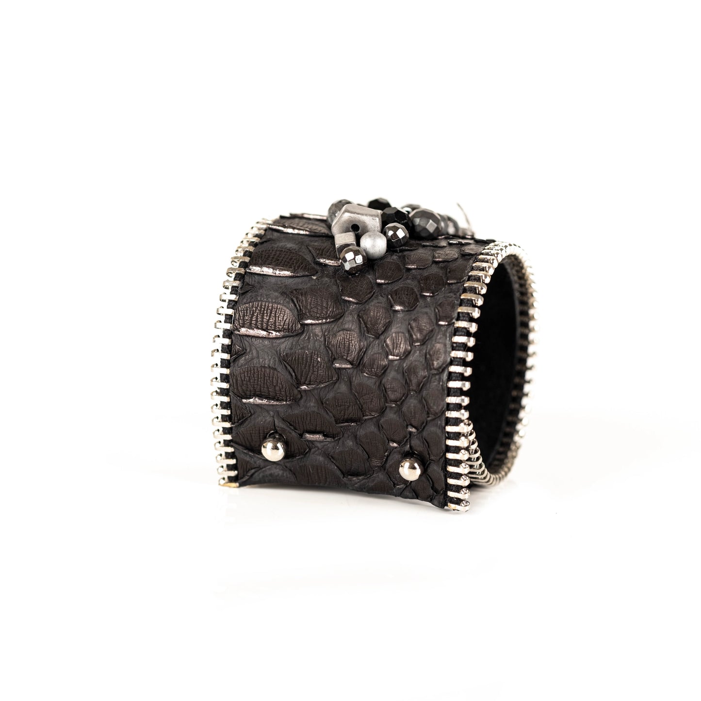 The Wide Double Zipper Leather Cuff With Beads