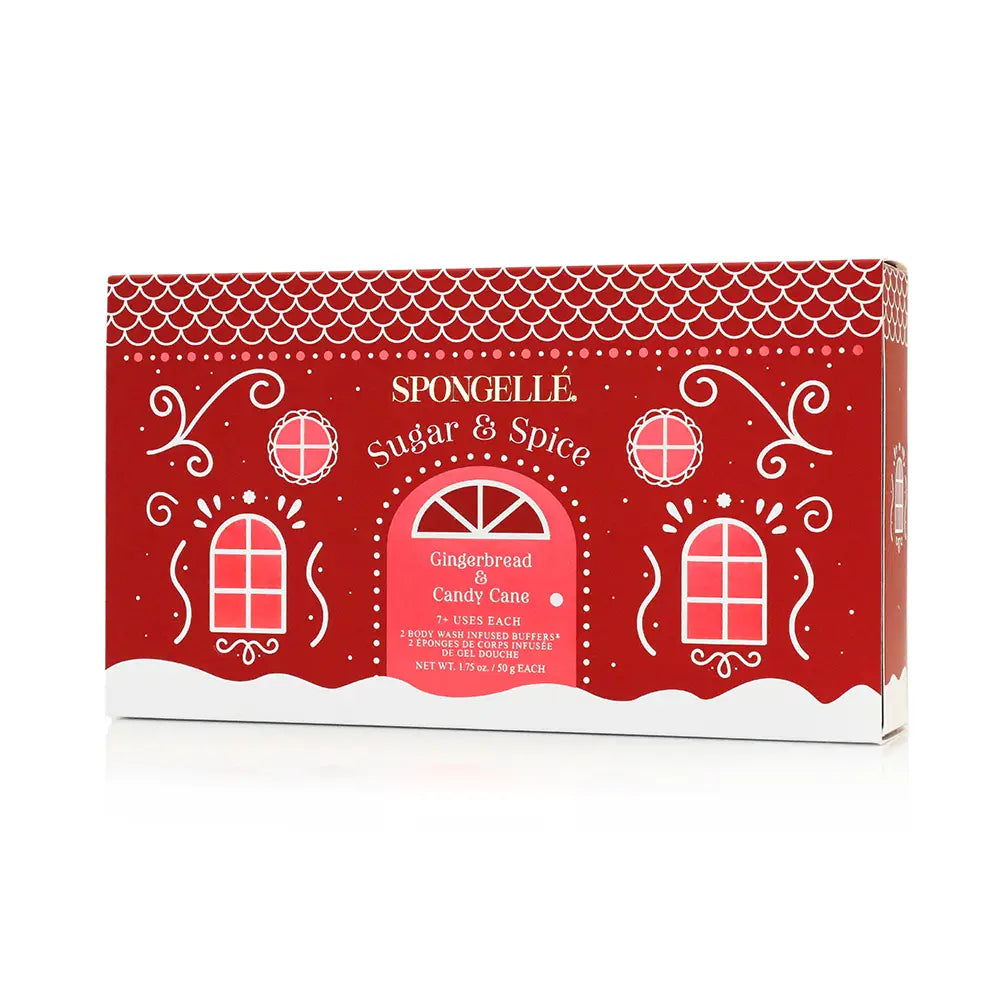 Spongellé Sugar & Spice gingerbread house gift box exterior in festive red with gold details — Bliss by Cori Boutique