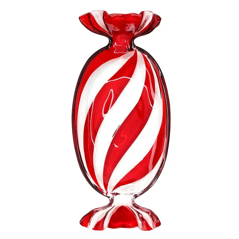 Small red and white peppermint swirl glass candy jar vase with ruffled top and fluted base on white background – Bliss by Cori
