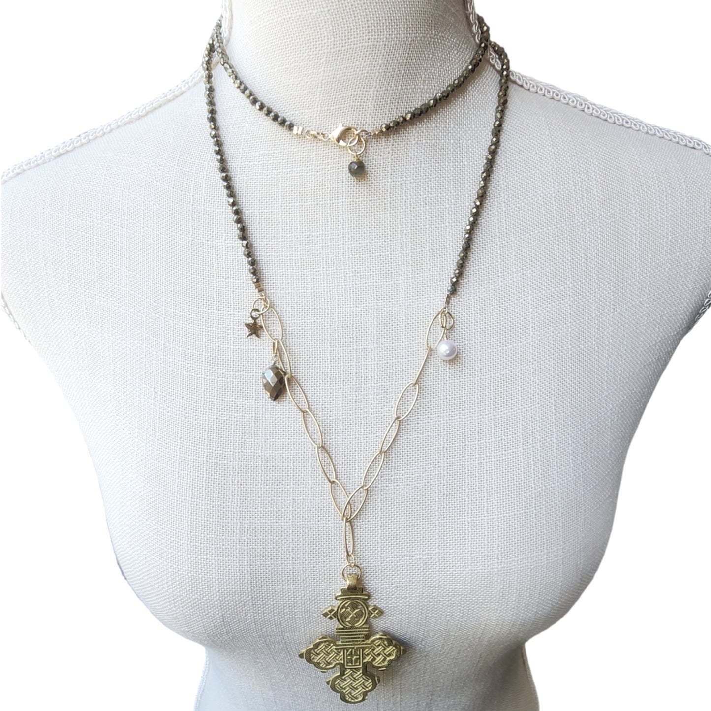 Long Layered Pyrite Boho Necklace