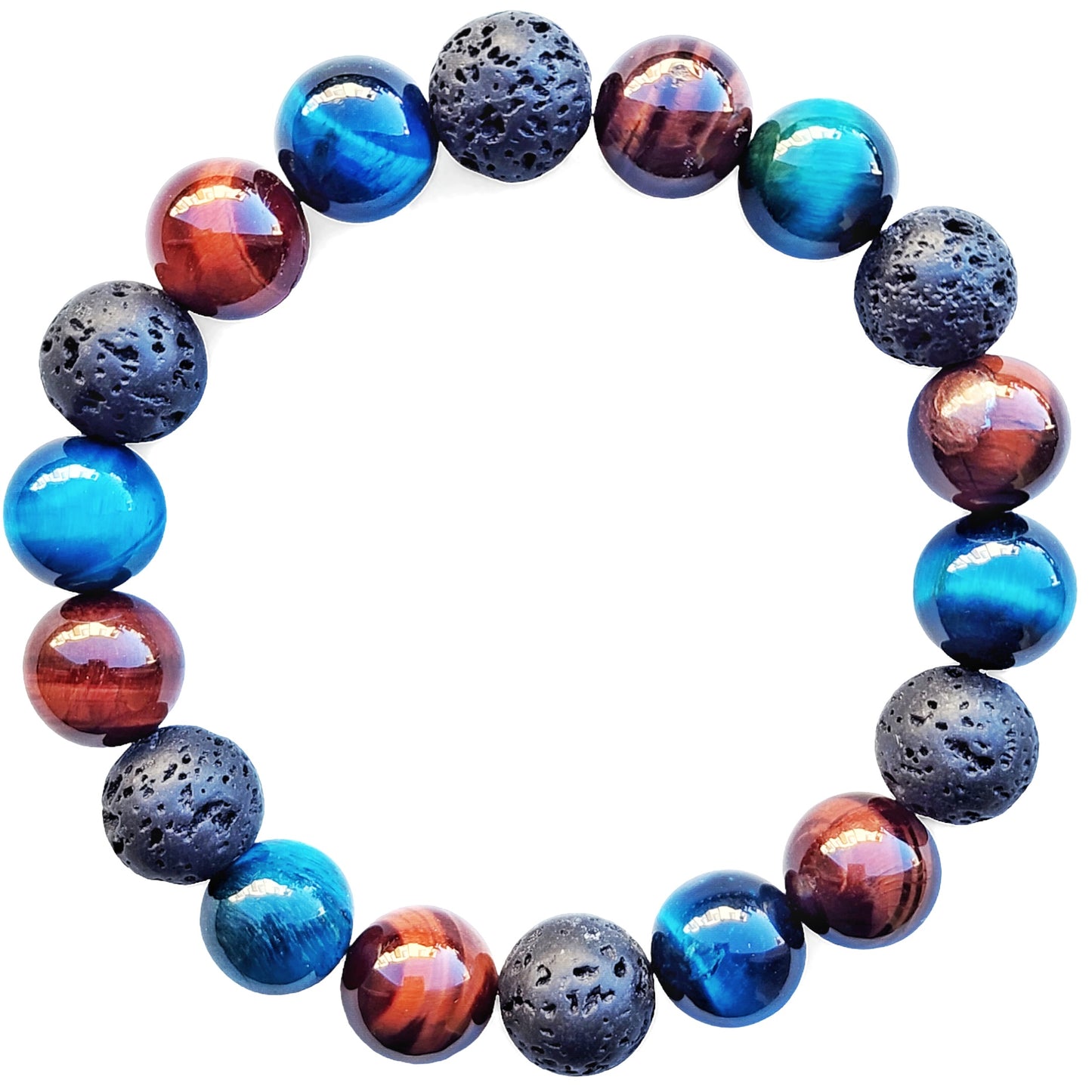 Blue Tiger's Eye, Red Tiger's Eye and Lava Rock Unisex Reiki Healing Beaded Gemstone Bracelet