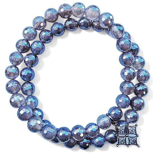 8mm Faceted Silverite Agate and Pave Diamond Reiki Healing Beaded Gemstone Bracelets