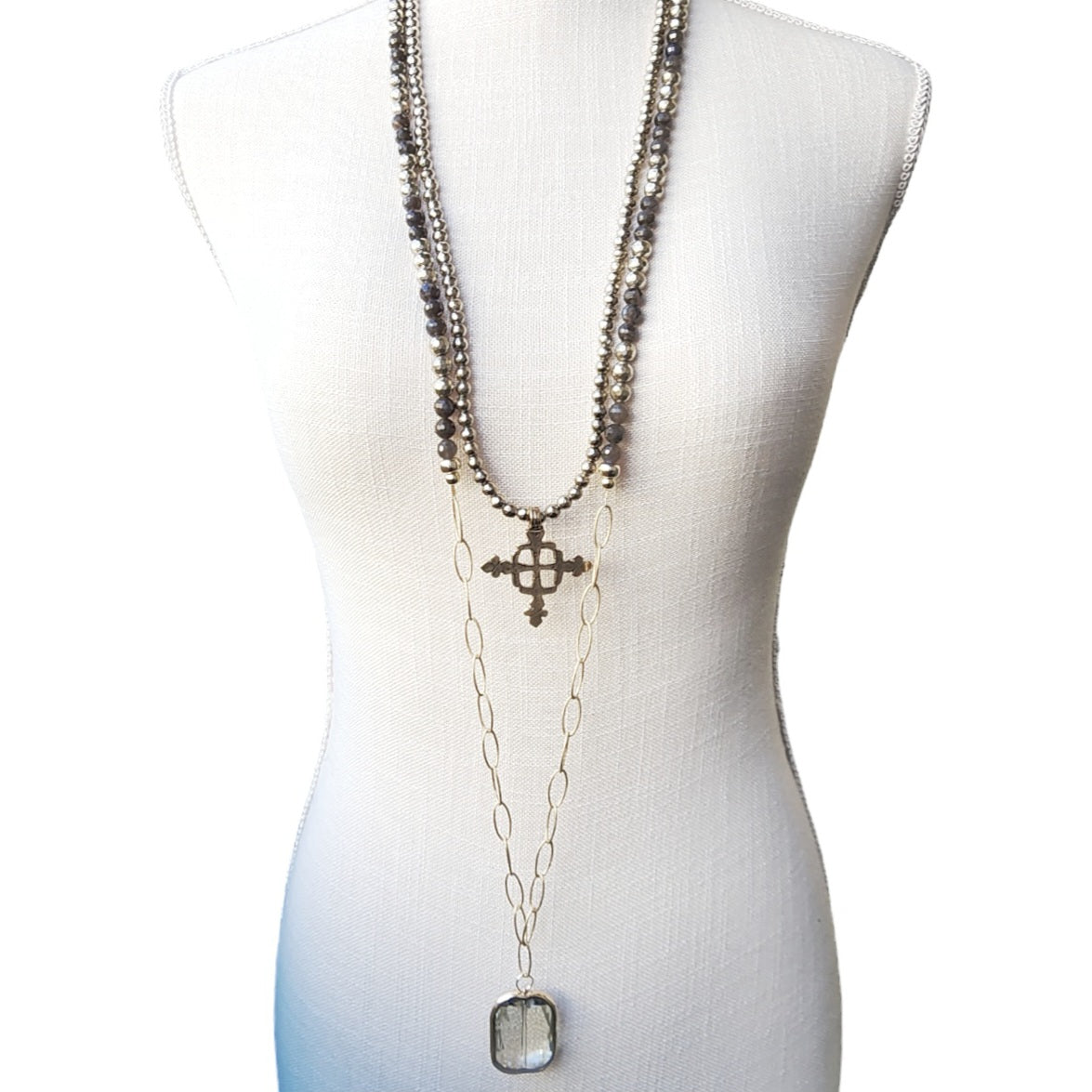 Long Layered Ethiopian Coptic Cross Pyrite & Labradorite Boho Necklaces