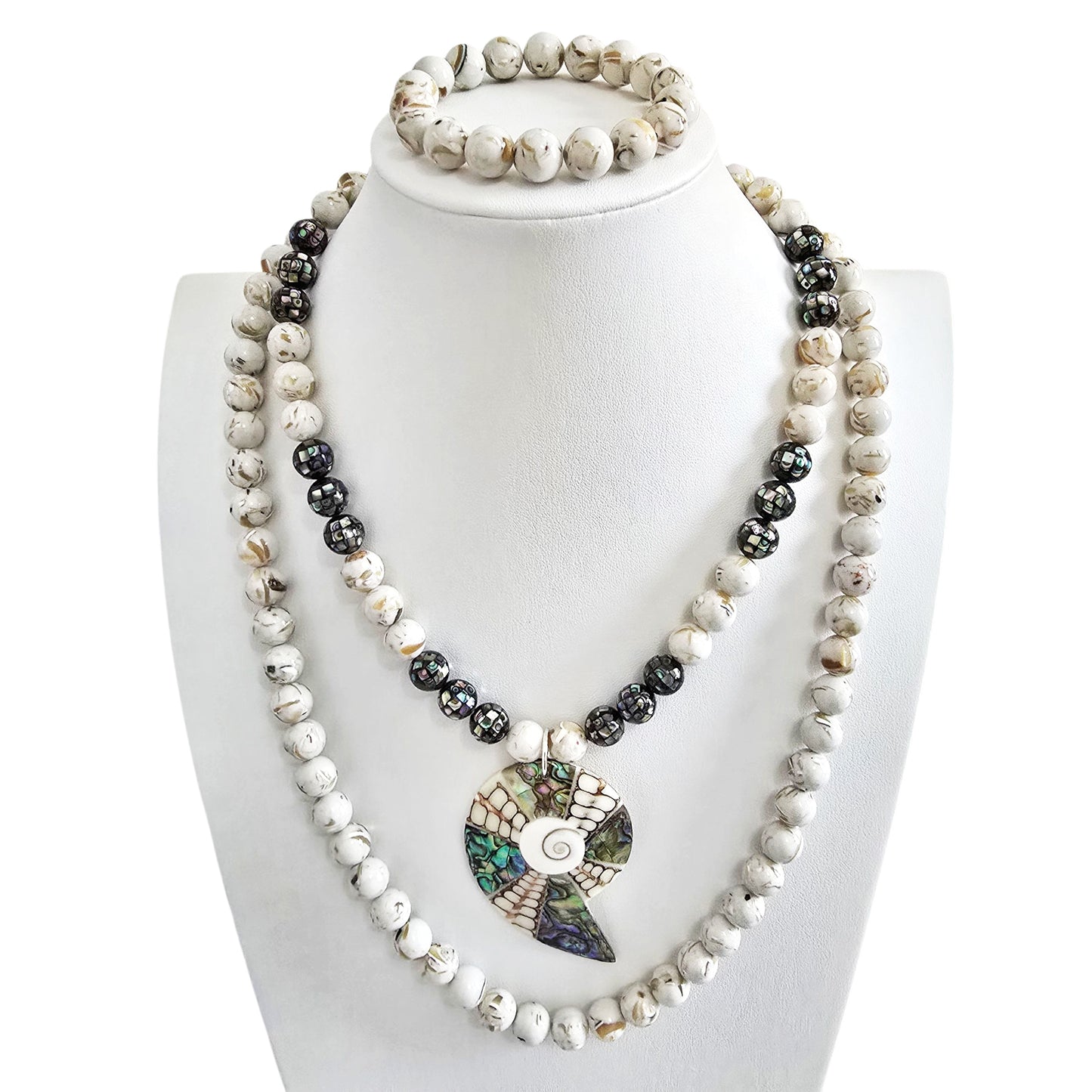 Paua Abalone Shell Beaded Layering Necklace & Bracelet Set - All 3 Included In Set