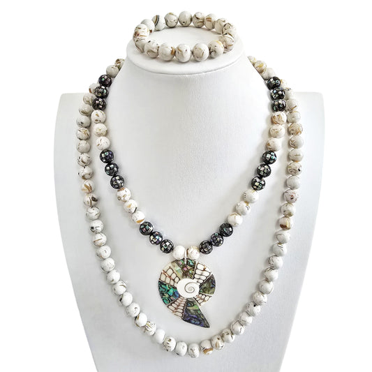 Paua Abalone Shell Beaded Layering Necklace & Bracelet Set - All 3 Included In Set