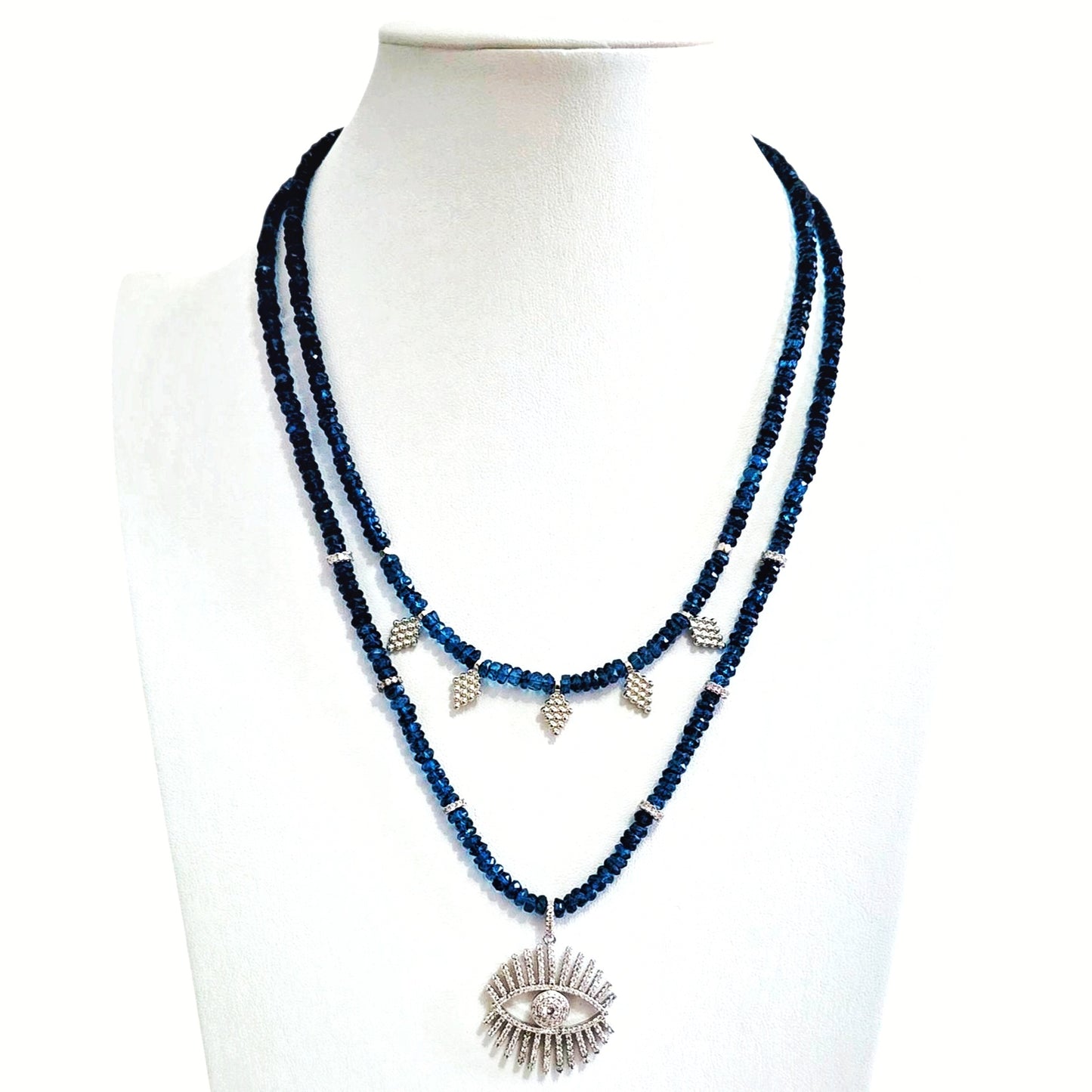 London Blue Topaz Evil Eye Beaded Gemstone Necklace