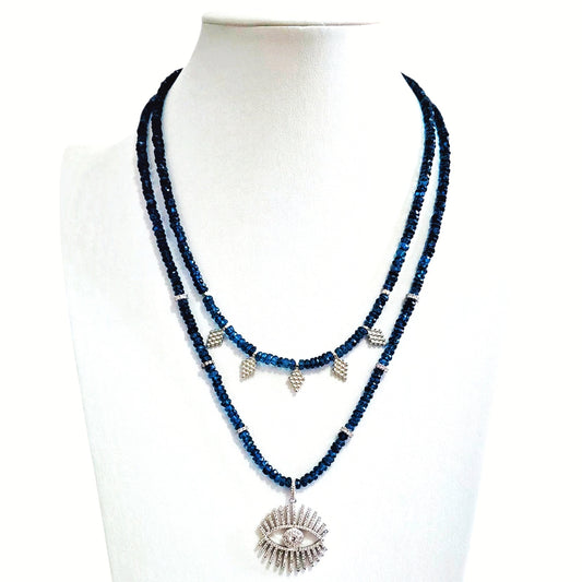 London Blue Topaz Evil Eye Beaded Gemstone Necklace