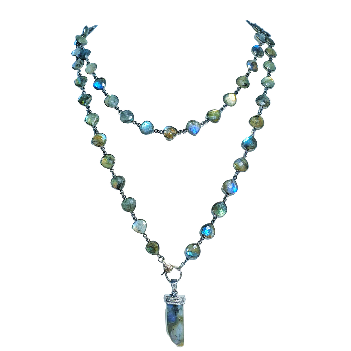 Flashy Blue Labradorite Diamond Horn Necklace