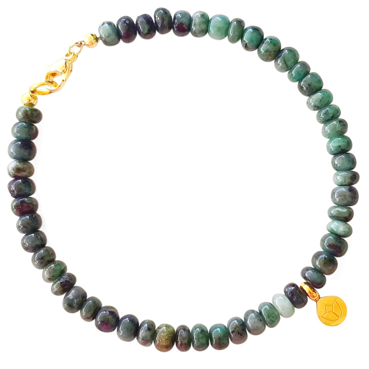 6mm Columbian Emerald Beaded Gemstone Bracelet w/Lotus Flower Charm